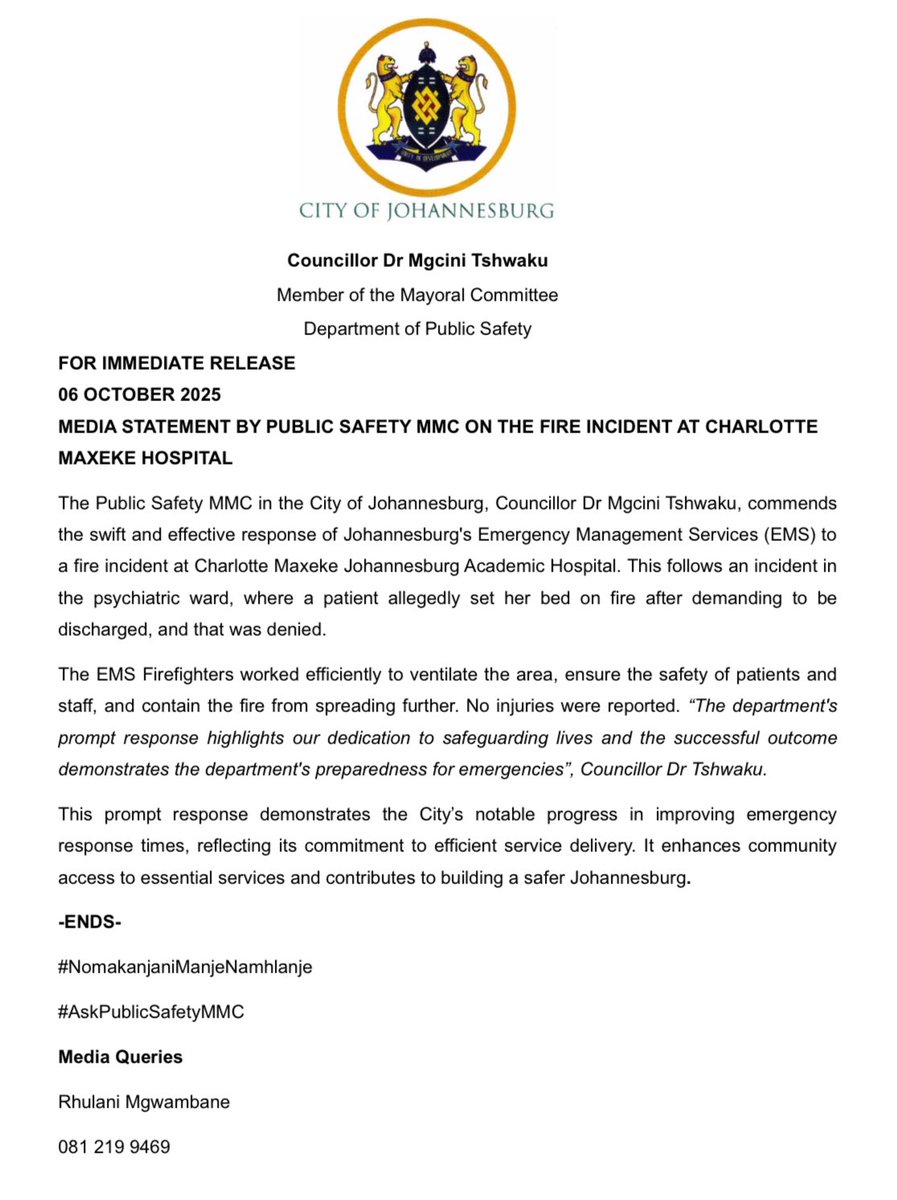 PublicSafetyMMC's tweet photo. ♦️ MUST READ ♦️

The City of Johannesburg’s Emergency Management Services (EMS) demonstrated excellence and professionalism in responding to a fire incident at Charlotte Maxeke Johannesburg Academic Hospital.

The fire broke out in the psychiatric ward after a patient allegedly set her bed alight when a discharge request was denied. EMS firefighters arrived swiftly, contained the blaze, and ensured the safe evacuation of all patients and staff, preventing further damage or injuries.