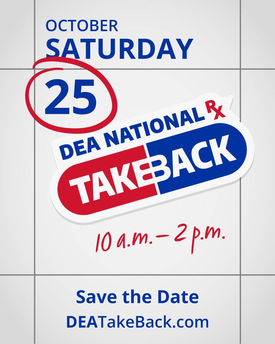 Illinois EPA (@ilepa) on Twitter photo Mark your calendars! 🗓️ <a href="/DEAHQ/">DEA HQ</a> National Prescription Take Back Day is October 25. Safely dispose of old or unwanted prescriptions for free at a drop-off location. This nationwide event is open to everyone. 💊#TakeBackDay
Find a location: bit.ly/3Zx8KD7 Mark your calendars! 🗓️ <a href="/DEAHQ/">DEA HQ</a> National Prescription Take Back Day is October 25. Safely dispose of old or unwanted prescriptions for free at a drop-off location. This nationwide event is open to everyone. 💊#TakeBackDay
Find a location: bit.ly/3Zx8KD7
