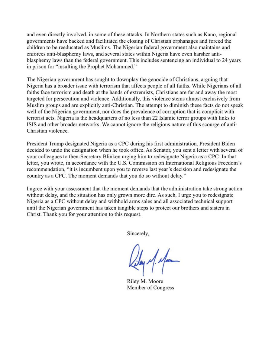 Sean_ADFIntl's tweet image. Read this whole thread from @RepRileyMoore about why Nigeria 🇳🇬 should be designated a Country of Particular Concern for severe religious freedom violations.

And read his letter sent today to @SecRubio 👇