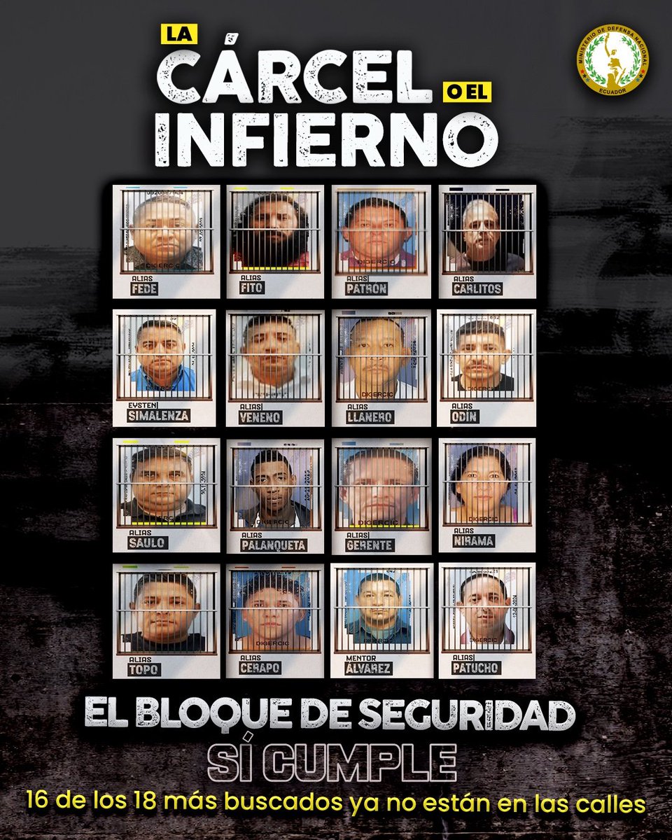 DefensaEc's tweet image. ¡LA CÁRCEL O EL INFIERNO, NO HAY TERCERA OPCIÓN!💪

➡️En esta ofensiva contra el narcoterrorismo, hemos dado golpes certeros a las estructuras del crimen organizado.

📌¡EL BLOQUE DE SEGURIDAD SÍ CUMPLE! 

16 DE LOS 18 MÁS BUSCADOS YA NO ESTÁN EN LAS CALLES.

Atacaremos con más…
