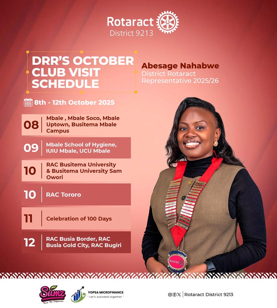 RacSOHMbale's tweet photo. ✨ *The DRR is on the move!*✨ 

Abesage Nahabwe, District Rotaract Representative 2025/26, continues her inspiring club visits across District 9213. 

From Mbale to Busia, she’s engaging Rotaractors, motivating them, and challenging clubs to reach their goals.

#RotaryEyamba https://t.co/Cu5CJaktSk