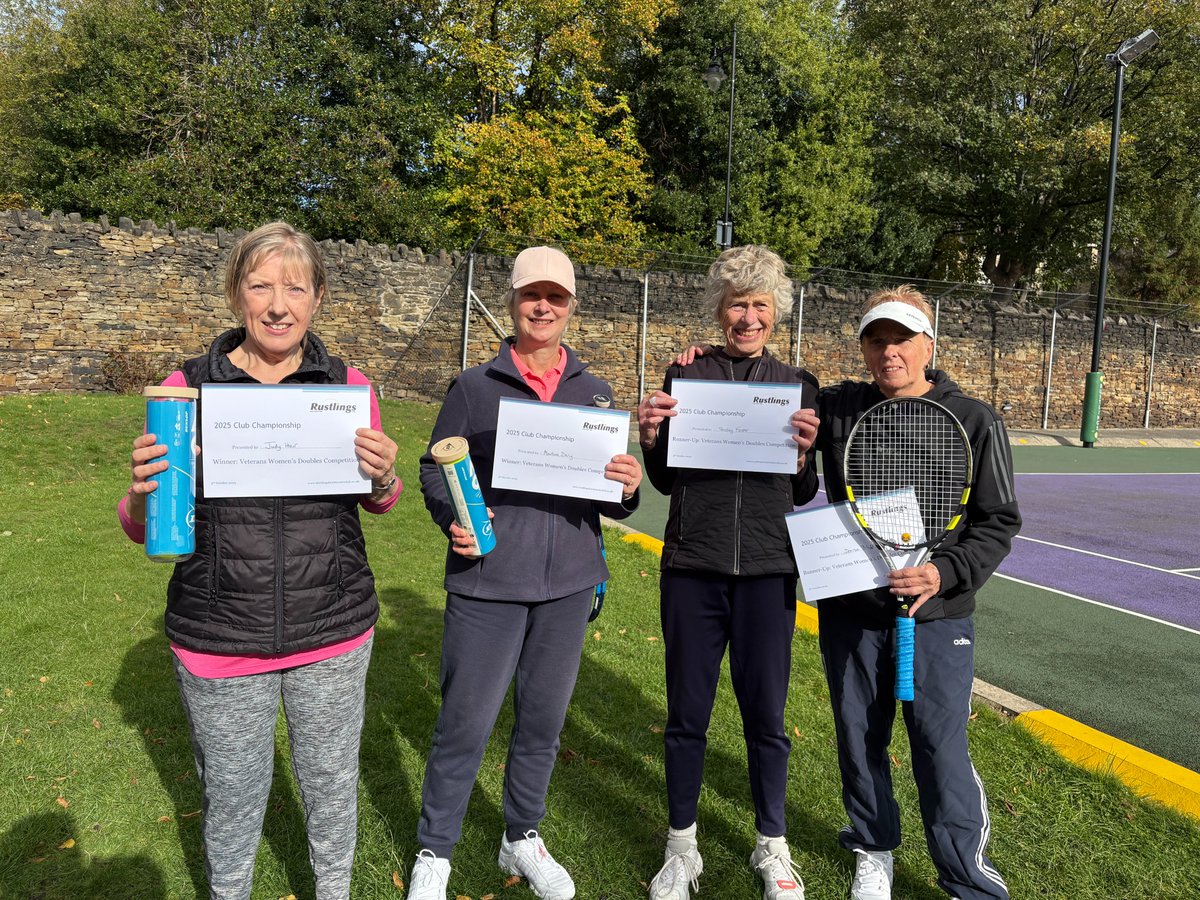 RustlingsLTC's tweet photo. Judy &amp; Martina triumphed to become Veterans Women's doubles champs beating Shirley &amp; Denise in 3 sets, while Chris E &amp; Chris S took the Veterans Men's doubles title in a hard fought 2 set match against Paul &amp; Ajit. Chris &amp; Pat finished in style as Veterans mixed doubles champs. https://t.co/4aG8jKpmIF