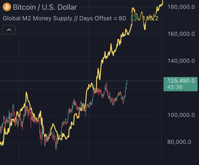 Line chart displaying Bitcoin price in US dollars on the left y-axis ranging from 80000 to 180000 with yellow line fluctuating upward, and global M2 money supply in days offset on the right y-axis from 100000 to 160000 with green line steadily rising, both against time on x-axis from 45 to 36 days, dark background with grid lines and labels
