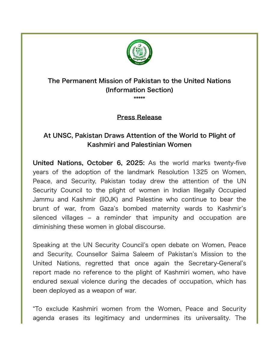 PakistanUN_NY's tweet image. #PakistanInUNSC
At UNSC, Pakistan Draws Attention of the World to Plight of Kashmiri and Palestinian Women
Our Press Release today