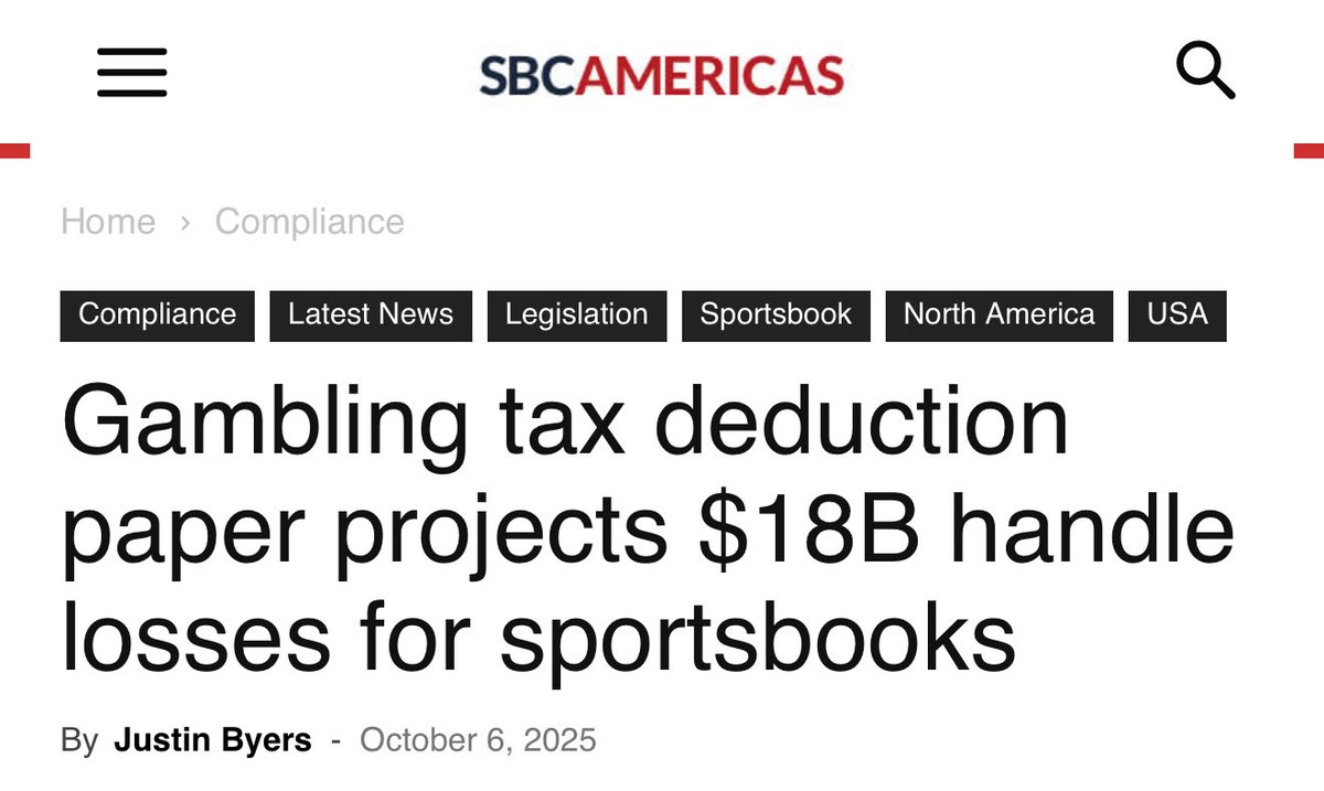 SigmaSquirrel (@squirrelsigma) on Twitter photo Very thorough piece on our <a href="/bettorsvoice/">Bettors Voice</a> report detailing the risks facing regulated sportsbooks if the gambling tax loss provision isn’t repealed.
➡️ sbcamericas.com/2025/10/06/one…
Via <a href="/justin_a_byers/">Justin Byers</a> / <a href="/sbc_americas/">SBC Americas</a> Very thorough piece on our <a href="/bettorsvoice/">Bettors Voice</a> report detailing the risks facing regulated sportsbooks if the gambling tax loss provision isn’t repealed.
➡️ sbcamericas.com/2025/10/06/one…
Via <a href="/justin_a_byers/">Justin Byers</a> / <a href="/sbc_americas/">SBC Americas</a>