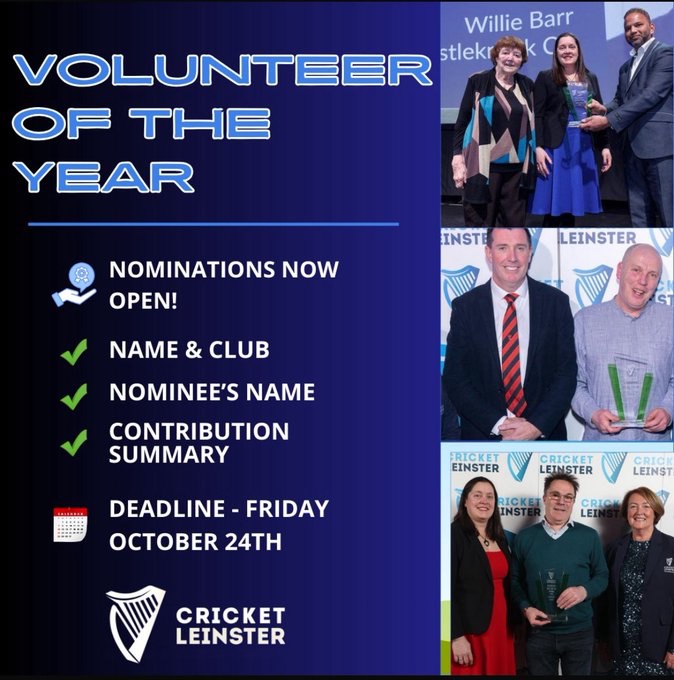 cricketleinster's tweet photo. VOLUNTEER RECOGNITION!🏏

Still time to nominate that someone special within your club who goes the extra mile for the benefit of others!🤝

https://t.co/SzvxIyimNQ https://t.co/GG72rVa1k5