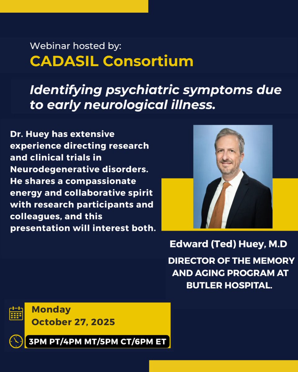 Join the next CADASIL Consortium Webinar!
📅 Mon, Oct 27, 2025
🕔 3 PM PT | 4 PM MT | 5 PM CT | 6 PM ET
💬 Topic: Identifying psychiatric symptoms due to early neurological illness.

🔗 Register: conta.cc/4gX5mbn

#CADASIL #Neurology #MentalHealth #Research