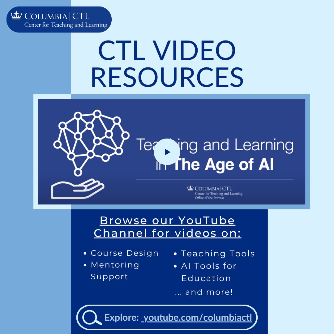 ColumbiaCTL's tweet photo. Discover how to integrate AI into your teaching with Columbia's "Leveraging AI for Teaching and Learning" series.
🤖 Design creative assignments
🧠 Generate quiz questions
🎓 Enhance student engagement

Watch the AI for Teaching &amp; Learning Playlist: https://t.co/DB5yZlAGrK https://t.co/Pbcaa0LZh3