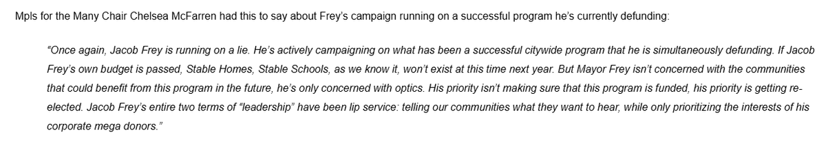 <a href="/shaunladen/">Shaun Laden</a> <a href="/seiumn/">SEIU Minnesota</a> <a href="/marciaxthree/">marciahoward38thstreet</a> <a href="/mplsforthemany/">Mpls for the Many</a> Mpls for the Many Chair Chelsea McFarren- “ Jacob Frey is running on a lie. He’s actively campaigning on what has been a successful citywide program that he is simultaneously defunding. His priority isn’t making sure that this program is funded, his priority is getting reelected"