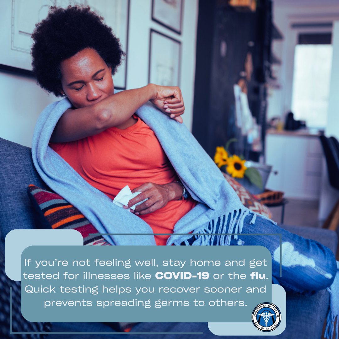 CityofSTLDOH's tweet image. Feeling sick? 😷Stay home and rest, and consider using a take-home COVID-19 or flu test. Tests are also available at many local pharmacies—knowing your status helps prevent spreading illness to those around you.

#StayHome #HealthyCommunity #FluSeason #COVID19
