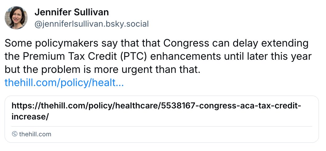 CenterOnBudget's tweet image. CBPP&apos;s Jennifer Sullivan posted a Bluesky thread on the urgency for Congress to extend PTC enhancements now to prevent coverage losses and premium spikes ahead of open enrollment. bsky.app/profile/jennif…