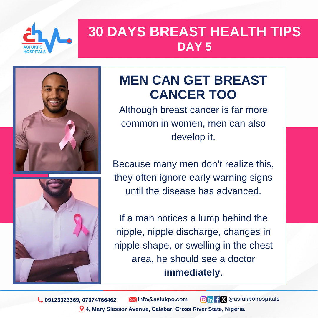 Day 5: Men can get breast cancer too.
Don’t ignore any chest lump or change — early detection saves lives. 💗
#BreastCancerAwarenessMonth #31DaysOfBreastHealth