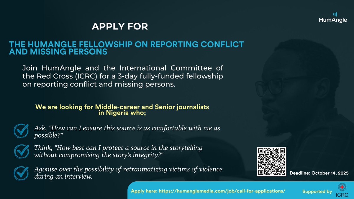 HumAngle_'s tweet photo. Who should apply for our upcoming fellowship on reporting conflict and missing persons?

Conflict reporters who think very deeply about the craft and mechanics of the profession. If this is you, apply:

#HCMPF

https://t.co/uI2CWvTpAw https://t.co/sZwjqSgugs