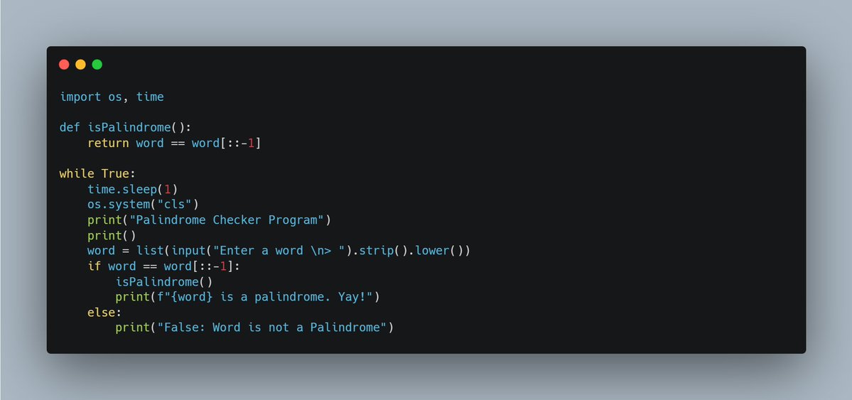 dkingony's tweet image. Day 59 of 100
Project Day: Palindrome Checker 📓👨🏾💻
Today, I wrote a program to check if a word reads the same forward or backwards using the string slicing, and conditions.
Check out my code, how did I do? 😀
#Replit100DaysOfCode #100DaysOfCode #buildinpublic