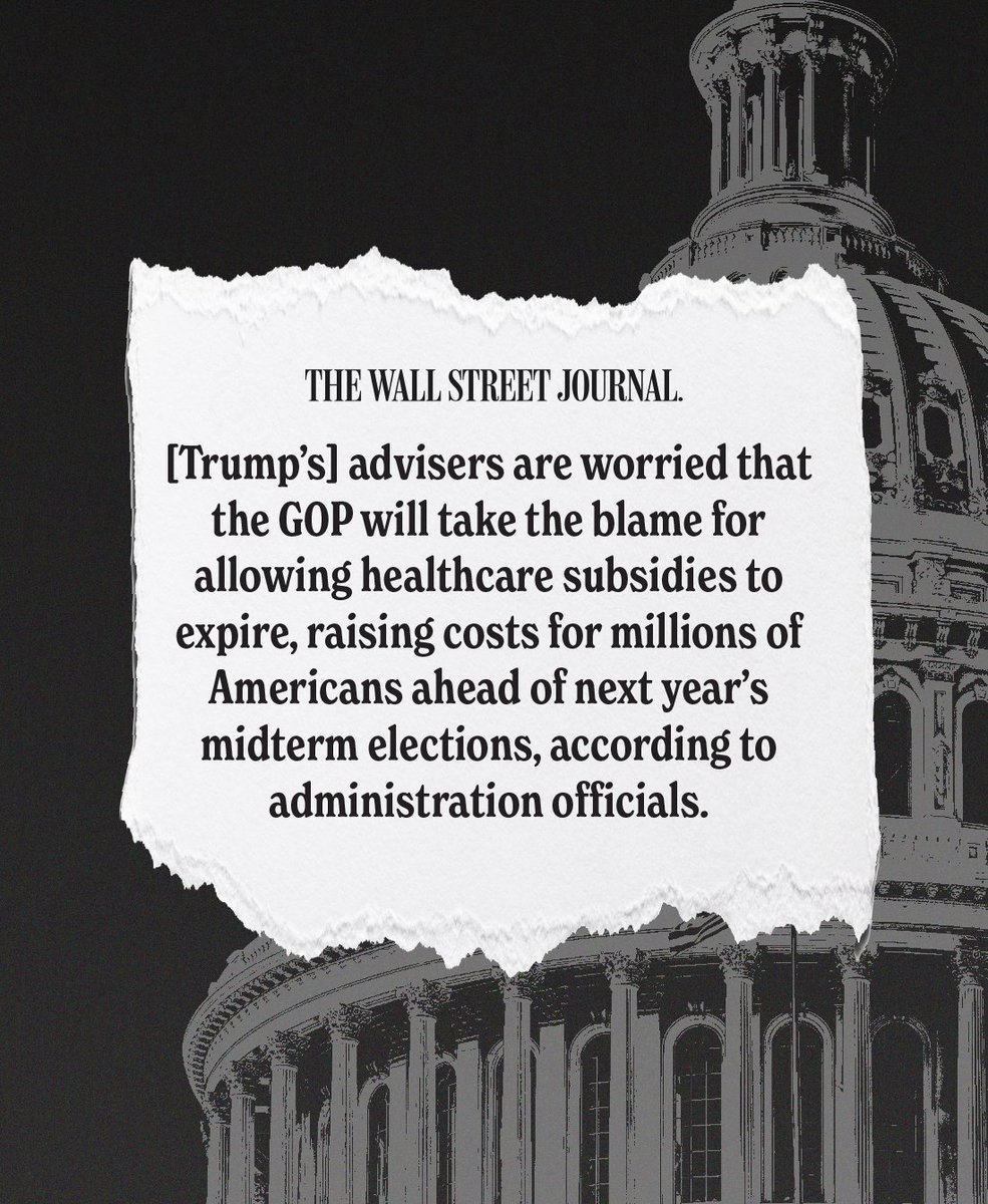 dscc's tweet image. “[Trump&apos;s] advisers are worried that the GOP will take the blame for allowing healthcare subsidies to expire, raising costs for millions of Americans ahead of next year’s midterm.&quot;

They should be worried. In 2026, voters will hold them accountable.
