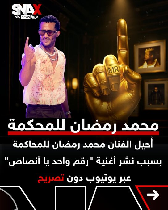 أُحيل الفنان محمد رمضان للمحاكمة في مصر بسبب نشر أغنية "رقم واحد يا أنصاص" عبر منصة يوتيوب دون استخراج التصاريح اللازمة. الدعوى المقدمة ضد الأغنية وصفتها بأنها "تحرض على العنف وتخالف الأعراف العامة". المصدر: موقع القاهرة 24 #سناكس_سوشال 