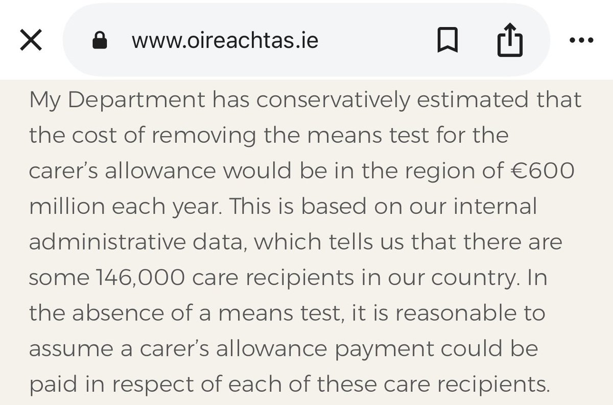 For near the same full year cost as the VAT cut for food services businesses (€675m), they could instead deliver on another programme for government commitment to abolish the means test for carer’s allowance (€600m) tomorrow.