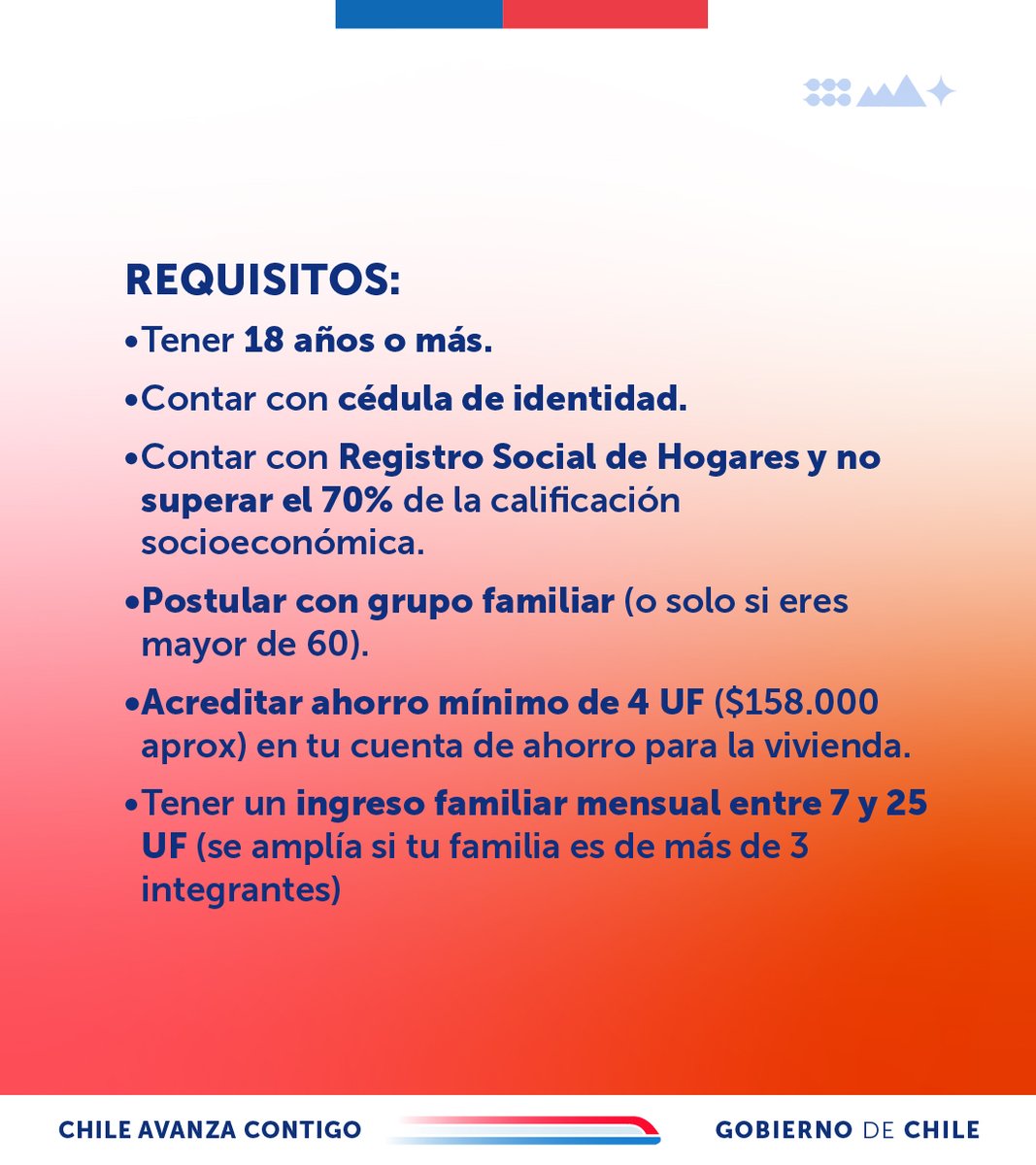 🏡✨ ¡Mañana comienzan las postulaciones al llamado regular del Subsidio de Arriendo 2025!

📋 Desliza y revisa los requisitos para postular ¡No te quedes fuera de esta oportunidad que cada año beneficia a miles de familias en todo Chile!