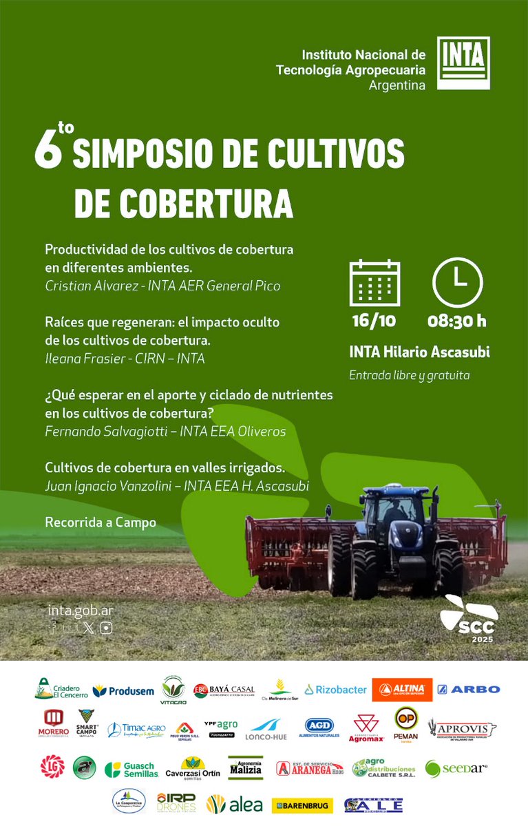 6to Simposio de cultivos de cobertura
🗓️ 16 octubre 
⏰ 8.30
📌 INTA Hilario Ascasubi

✅ Acceso libre y gratuito
 🖊️Inscripción: 👉🏽bit.ly/3WmwaIC