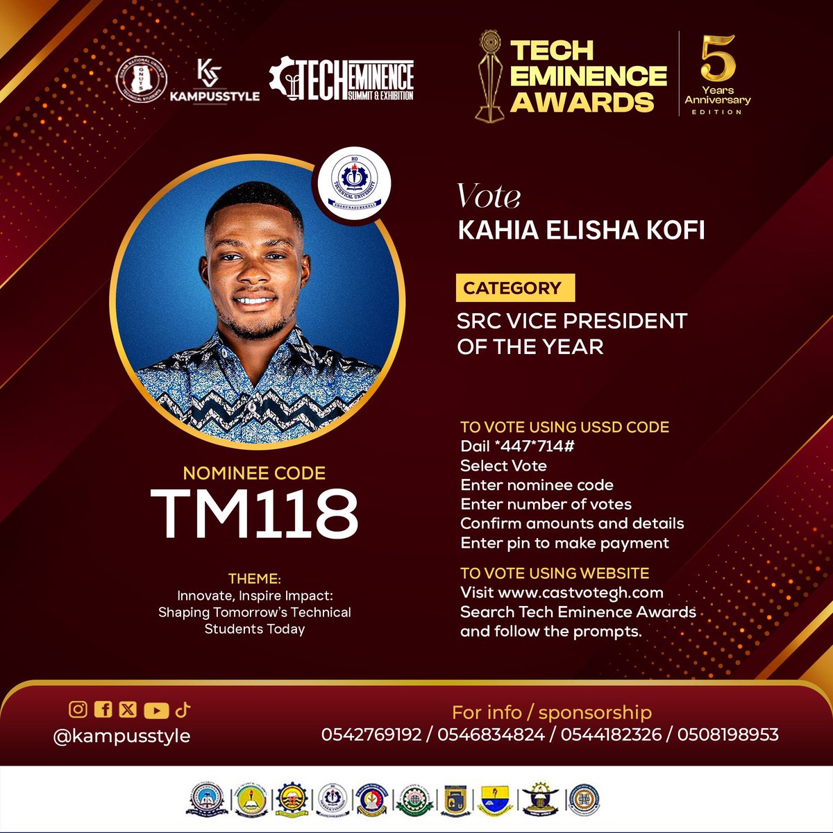 SRC Vice President of the Year 2025 Nominee – Tech Eminence Awards 🌟

From HTU, the campus voice is loud, the support is massive, and the recognition is well-deserved! 🔥

KAHIA ELISHA KOFI has been celebrated by peers as a true leader who inspires, influences, and drives