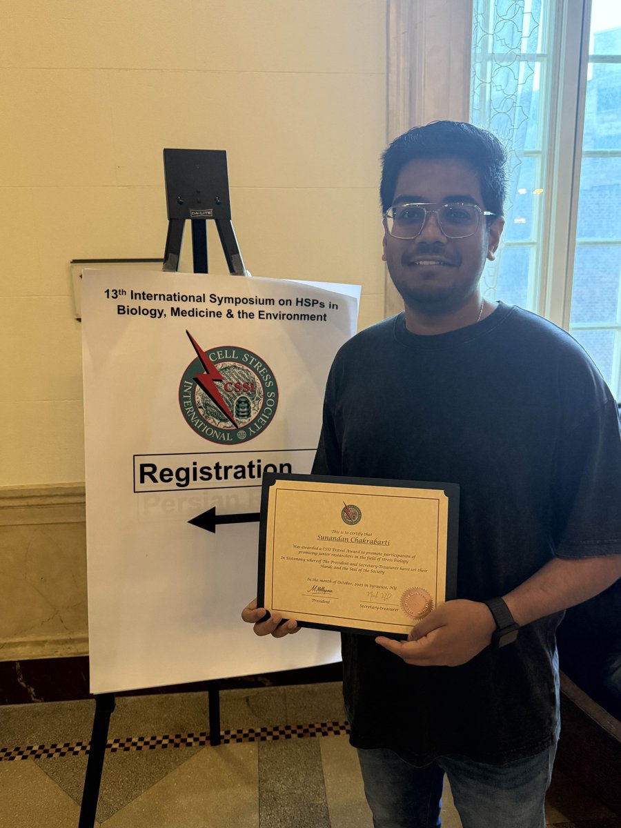 carpenter_lab's tweet photo. Congratulations to Sunandan Chakrabarti from my lab for winning a Travel Award for his abstract and oral presentation at the @StressCell Symposium on HSPs in Biology, Medicine &amp; the Environment this past week in Syracuse, NY. Thanks to the organizers for recognizing his work! https://t.co/Gblk2CnzaC
