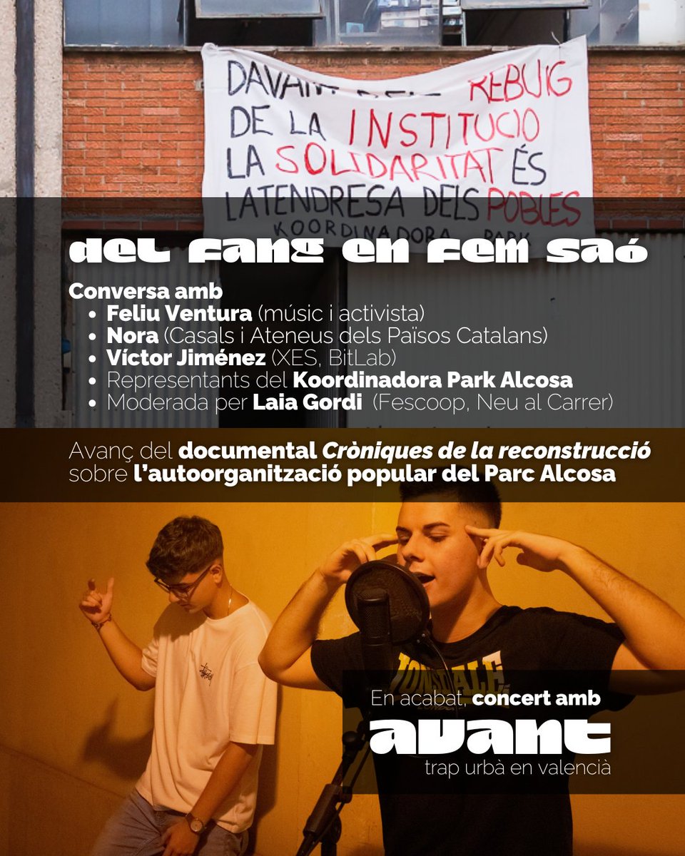 XES_cat's tweet photo. 🎙️Conversarem amb @FeliuVentura, @CasalsiAteneus, @BitLabCat i @KolectivosParke de la mà de @neualcarrer 

🎬Gaudirem d'un avançament del documental sobre el comitè de Parc Alcosa

🎶I del trap en valencià d'Avant! 

T'ho perdràs? #FestivalFESC
https://t.co/szFX9GRAM9 https://t.co/CiTCFLlJ18