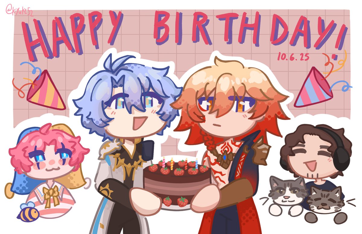 kyuke52's tweet image. HAPPY BDAY @TunnelVa and @Warburton_Gabe !! 🎉🎉 (still not over you being birthday twins)
thank you both for voicing two of my favorite characters (seriously, your VO work is so so amazing!!!) and being my comfort streamers :3
i offer a drawing of the sillies giving you a cake