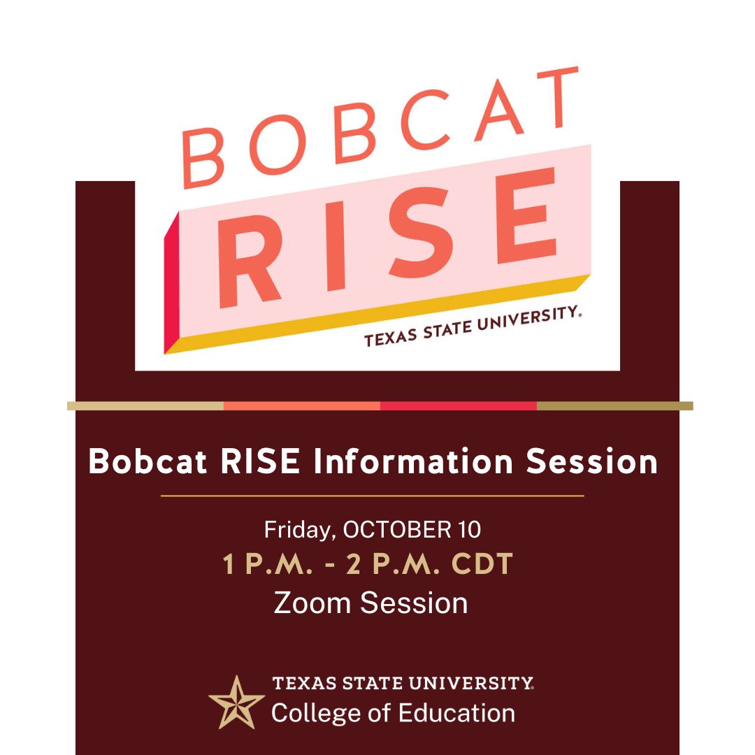 Want to learn more about Bobcat RISE?  Join us for our Fall Information Session on Friday, October 10 from 1-2 pm CDT!  
REGISTER HERE: txstate.zoom.us/meeting/regist…

@RRHEA @txstcoeTexas Council for Developmental Disabilities