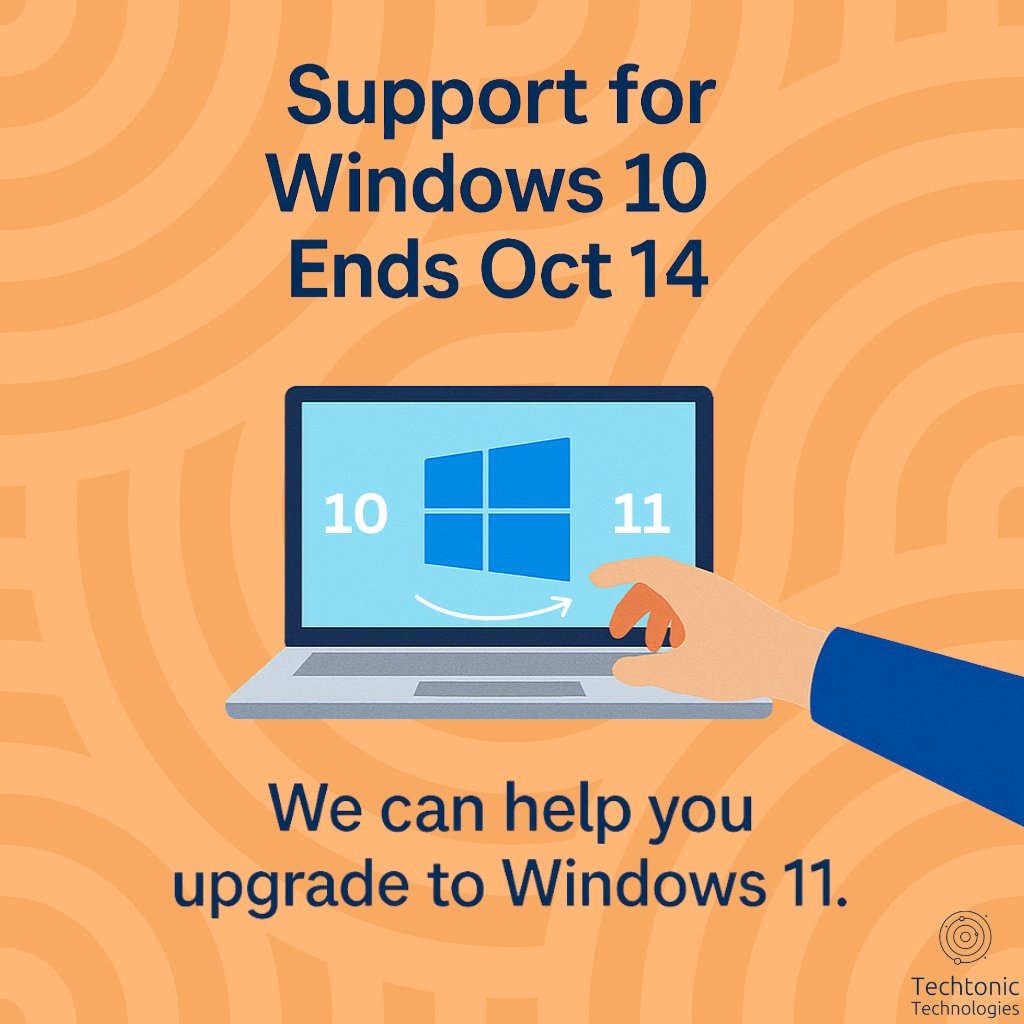 techtonictechno's tweet image. ⏰ We can help you upgrade to Windows 11 before support ends. 

On Oct 14, Microsoft will officially end support for Windows 10, meaning no more security patches, feature updates, or tech assistance.

Don’t wait until the deadline. Let’s keep your systems ready for the future!