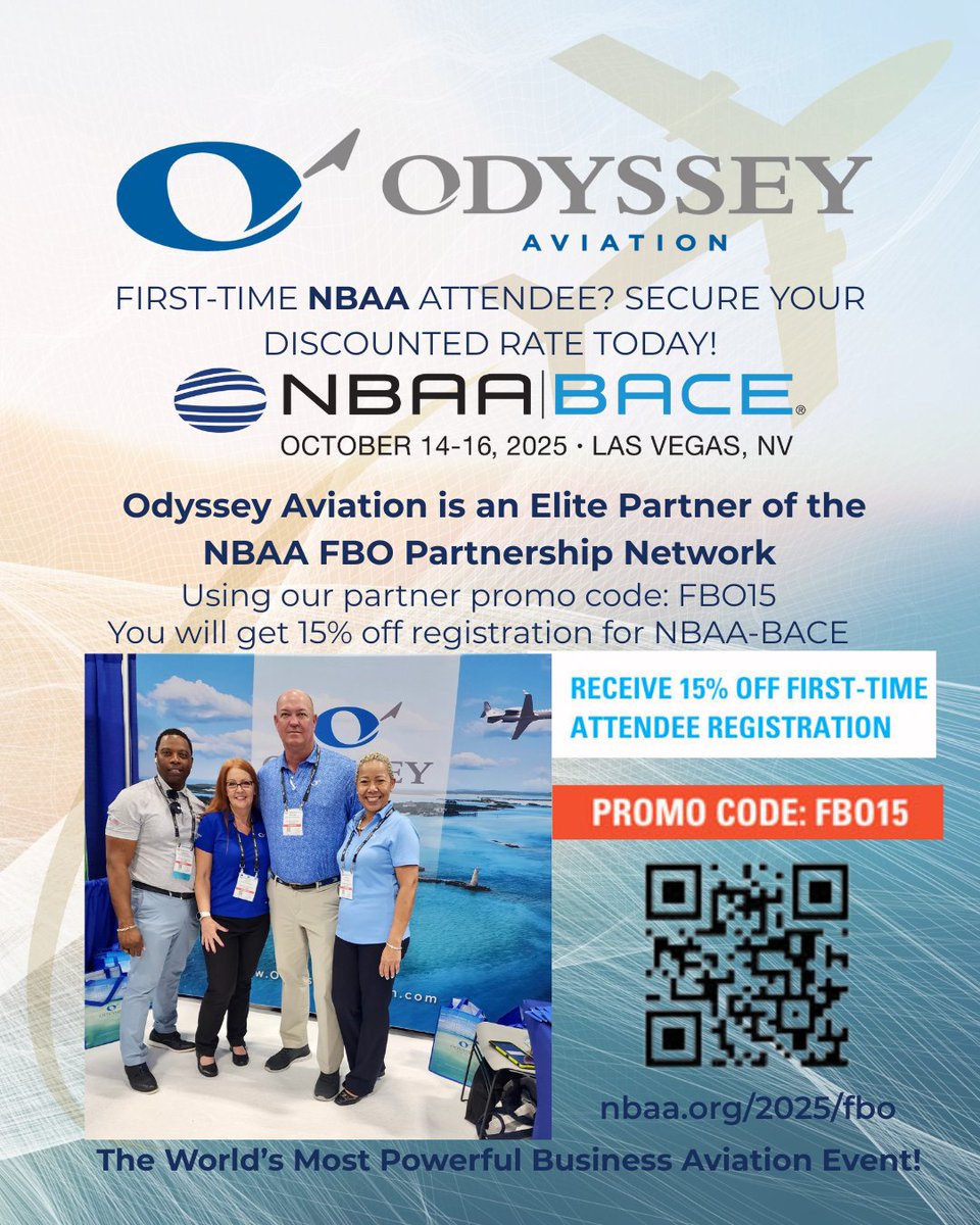 OdysseyBahamas's tweet photo. Vegas, we’re ready…Are you?! 😉✈️
Join Odyssey Aviation @NBAA -BACE 2025, October 14–16!
Fly by Booth #3615, connect with our team &amp; learn how we support your #bizav ground ops. 🫡🛩️
See you in #LasVegas, #avgeeks! 🤝
#NBAABACE #NBAA2025 #OdysseyAviation #bizavworks #letsconnect https://t.co/PzUgROYHSS