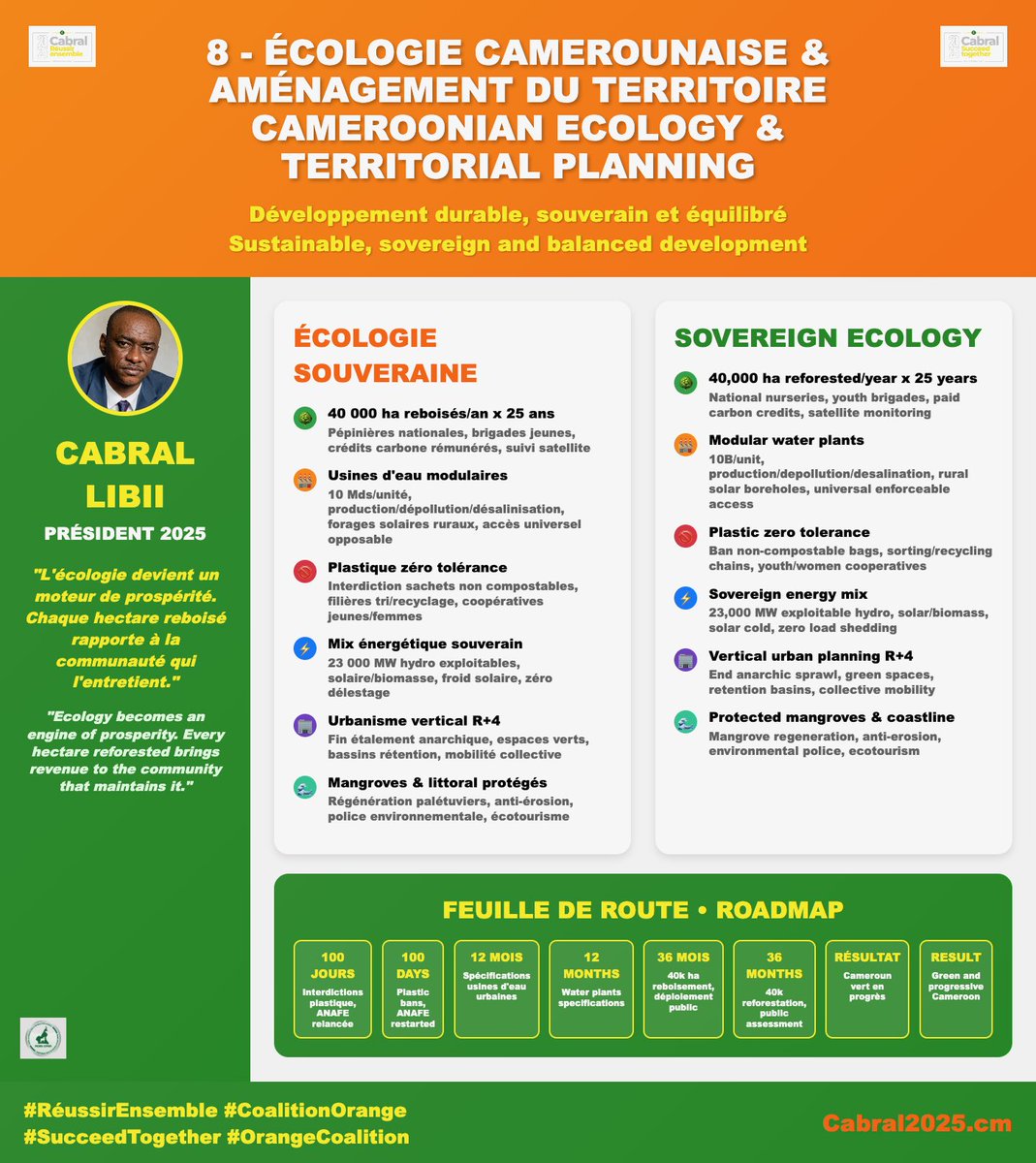 Pcrn_Officiel's tweet image. 🟧✊🏾 With @CabralLibii, ecology becomes a driver of prosperity. Reforestation, clean water, solar energy and local recycling: a green, productive and sovereign Cameroon.
👉🏾 cabral2025.cm

#succeedtogether #orangecoalition #orangesurge