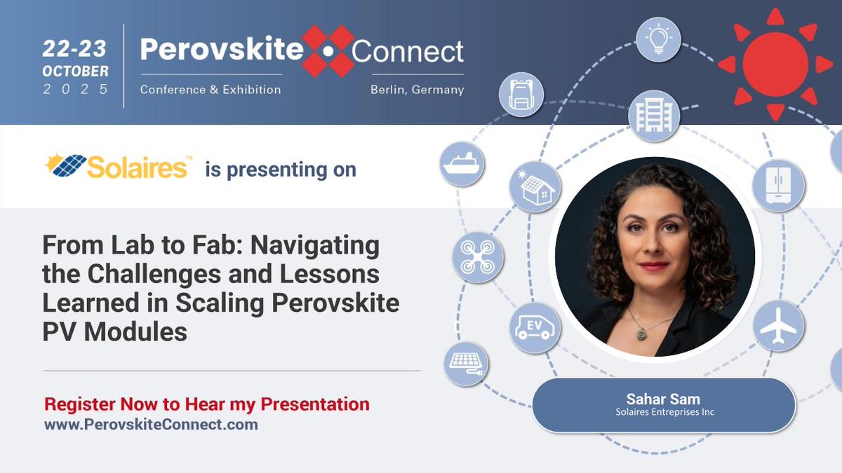 SolairesInc's tweet photo. We are excited to announce that Solaires will be presenting at Perovskite Connect 2025 in Berlin, Germany on October 22–23. This leading global conference brings together researchers, innovators, and industry leaders who are shaping the future of perovskite photovoltaics. https://t.co/vm1HgmUL6e