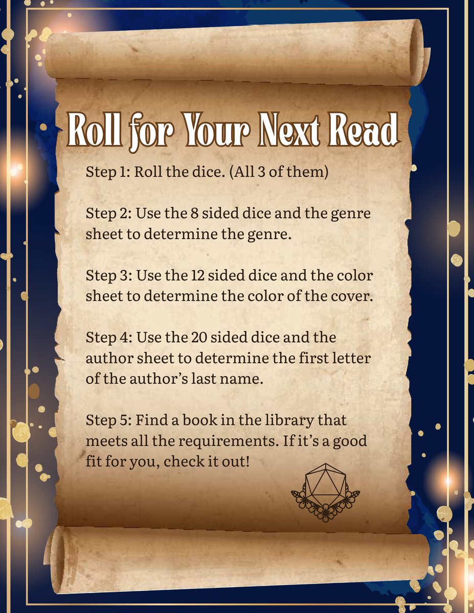 DrFouser's tweet image. 🎲✨ Roll for Your Next Read! ✨📚
Stuck on what to read next? Let the dice decide! It’s like a reading adventure, DnD-style.
📍 Stop by BHS Library and take your turn!
#RamsRead #RollForYourNextRead #LibraryFun #BookChallenge #WhatToRead #TBRGame #LibraryLove