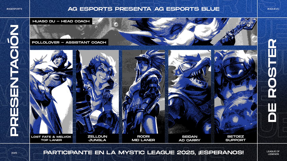 🚨 𝐂𝐎𝐍𝐓𝐈𝐍𝐔𝐀𝐍𝐃𝐎...🚨
Ha llegado el momento de presentar a los guerreros que vestirán el AZUL GLORIA, listos para conquistar la <a href="/MysticLatam/">Mystic League</a> 💙⚔️
🔝 Top: Lost Fate &amp; Melvox (Suplente)
🪓 Jungle: Zelldun 
🎯 Mid: <a href="/RedRodri20/">Rodri</a> 
💥 Adc: <a href="/Seii_Dann/">SeiDan</a>
🛡️ Support: <a href="/BetoEZlol/">BetoEZ</a>