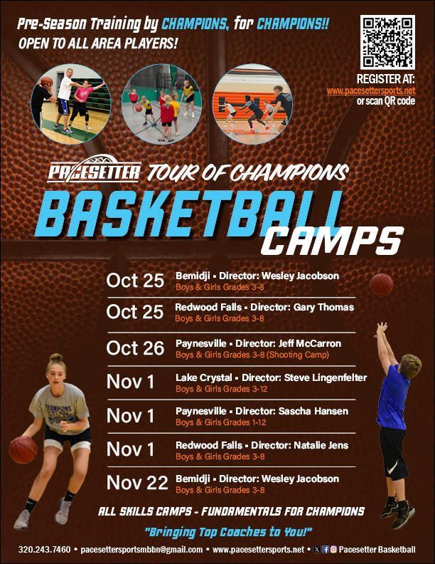 Pacesetter’s Tour of Champions Basketball is coming to Bemidji, Lake Crystal, Paynesville &amp; Redwood Falls!
Grades 3–12 | All skill levels
Skills + shooting camps, Oct 25–Nov 22.
Train with experienced coaches and get ready for the season. 🏀
Register now: pacesettersports.net