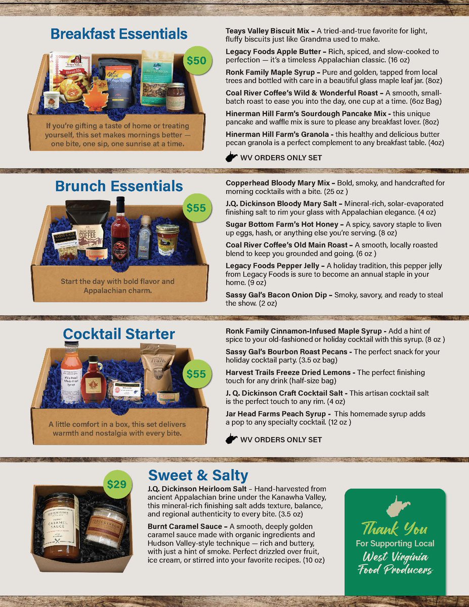 AdvntageValley's tweet image. ✨ Holiday orders are OPEN! ✨

Taste of Appalachia gift boxes featuring delicious local products are available now through October 17th.

🎁 Shop today at 👉 tasteofappalachia.com

Support local. Taste local. Love Appalachia. 💚

#Giftgiving #supportlocal #buynow #yesWV