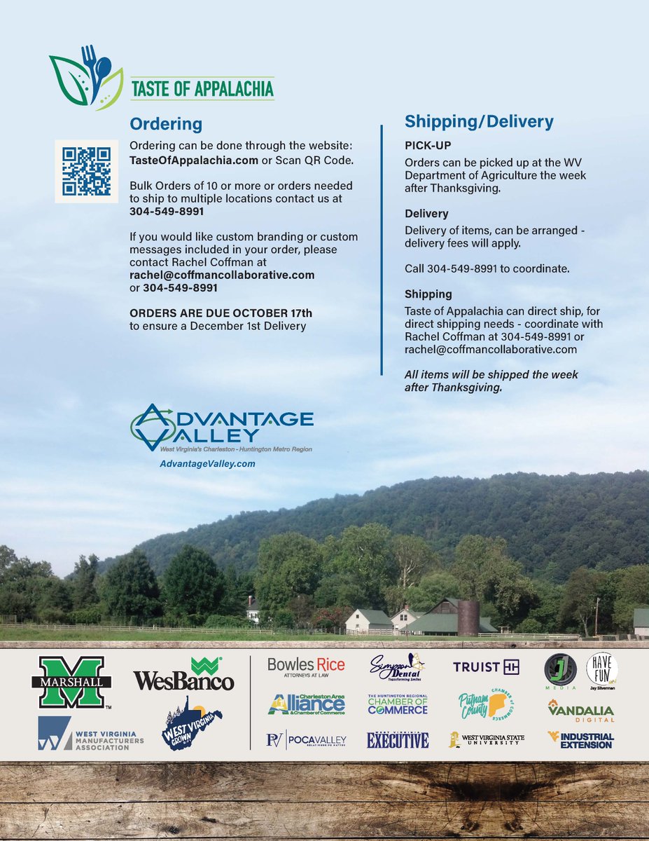 AdvntageValley's tweet image. ✨ Holiday orders are OPEN! ✨

Taste of Appalachia gift boxes featuring delicious local products are available now through October 17th.

🎁 Shop today at 👉 tasteofappalachia.com

Support local. Taste local. Love Appalachia. 💚

#Giftgiving #supportlocal #buynow #yesWV