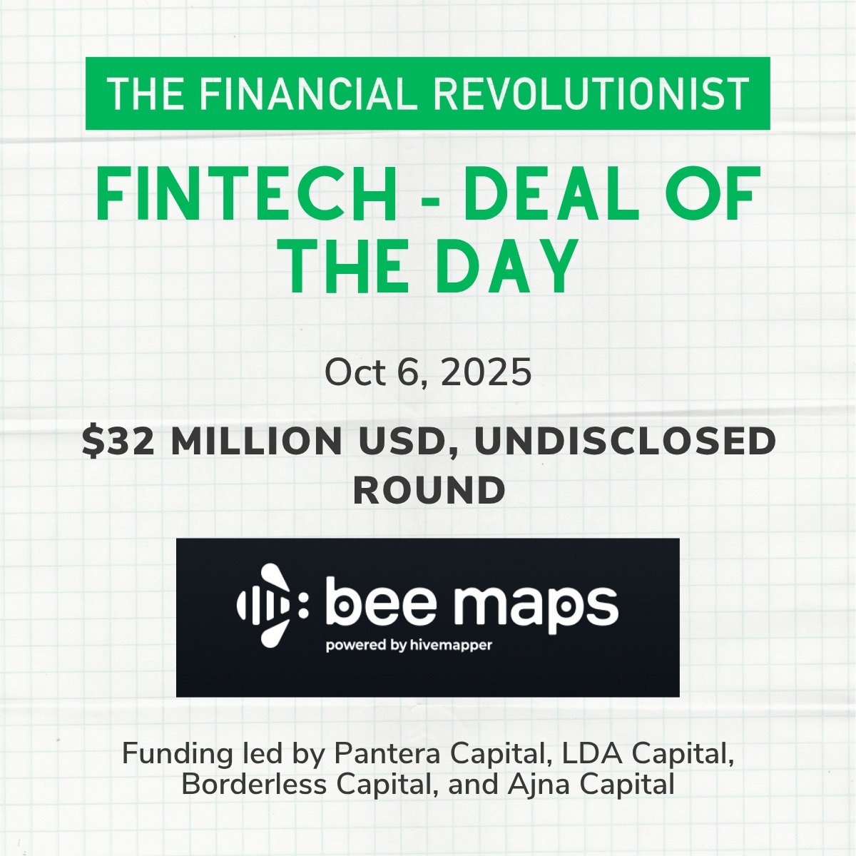 Today's #fintechdeal is for <a href="/TryBeeMaps/">Bee Maps</a>, a decentralized mapping network, that raised $32 million in an undisclosed funding round. 🚀💲💲💲

👉 Subscribe to the FR for the latest on the top #fintech deals: bit.ly/subscribe

#Blockchain