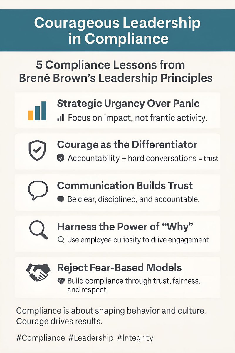 tfoxlaw's tweet image. Leadership requires more than policies—it demands courage. Discover five compliance lessons from Brené Brown on clarity, communication &amp;amp; courage in disruption. Read now 👇

bit.ly/46BASIw #ComplianceLeadership #CorporateCulture #EthicalBusiness