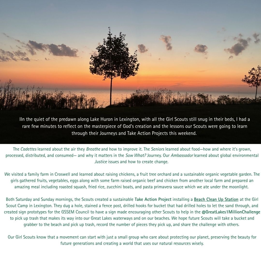 WorkmanWealth's tweet photo. In the predawn quiet along Lake Huron in Lexington, with the Girl Scouts snug in their beds, I had a few minutes to reflect on the masterpiece of God’s creation and the lessons our Scouts would learn through their Journeys and Take Action Projects. https://t.co/z2qUOvx2VF