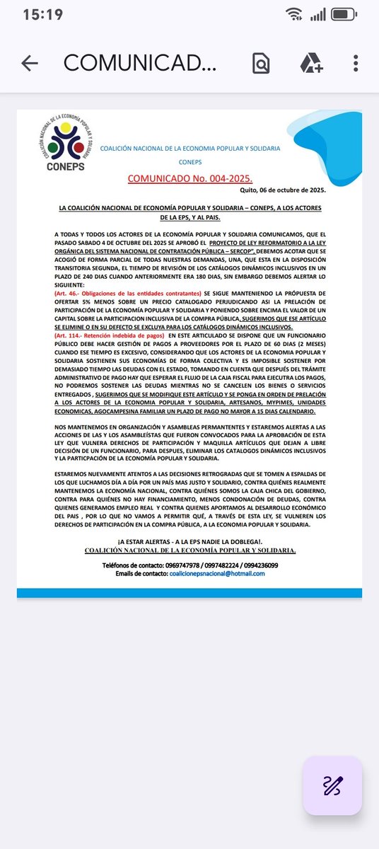 #ALERTA #URGENTE seguimos en vigilia por la #eps, para el día martes 7/Oct han sido convocados los asambleístas en la <a href="/AsambleaEcuador/">Asamblea Nacional</a> de forma virtual para dar paso a la nueva ley de #comprapublica, damos a conocer que el artículo 46 y el artículo 114 vulneran la participación!