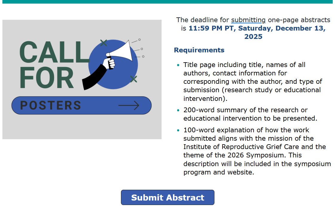 PregnancyGrief's tweet image. 📣Call for Posters! We want your research to be displayed at our 2026 Symposium. Taking submissions now cvent.me/ZyZwKE  #CallForPosters #ResearchSymposium #PosterSession #SubmitYourAbstract #Symposium2026