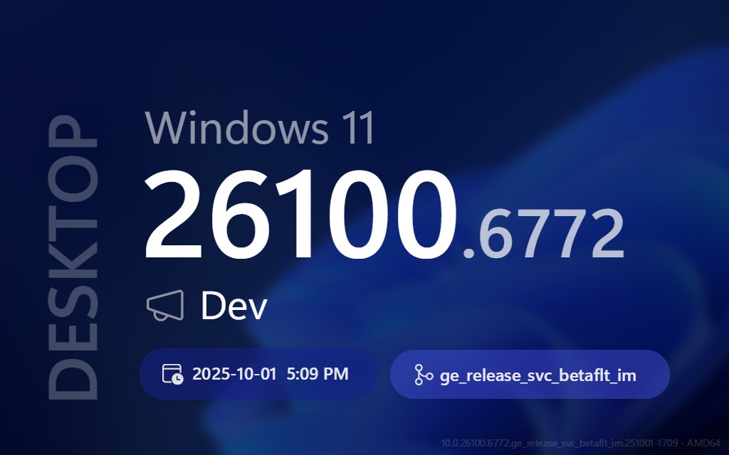ProtoBuildBot's tweet image. 🔄 🖥 New DESKTOP update! 💍 Dev (AMD64)
➡️ Title:
Windows 11 Insider Preview 10.0.26220.6772 (ge_release_upr)
📣 Build Lab Extended:
10.0.26100.6772 (ge_release_svc_betaflt_im.251001-1709)