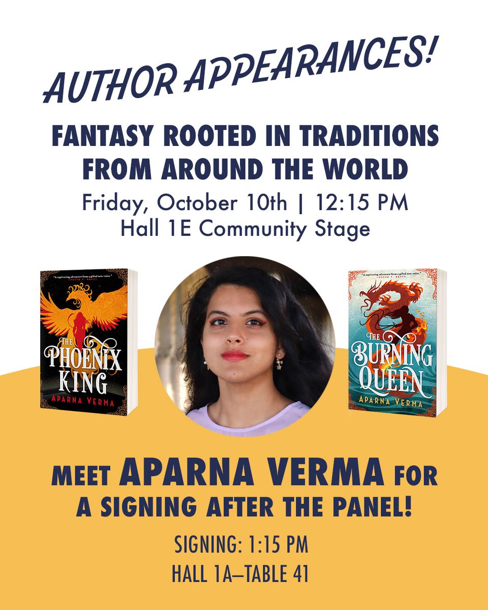 <a href="/emwrobin/">Emery Robin</a> Fantasy Rooted in Traditions from Around the World
Friday, October 10th | 12:15PM⁣
Hall 1E Community Stage
⁣
Meet <a href="/Spirited_Gal/">Aparna Verma (updates only)</a> for a signing after the panel!⁣
Signing: 1:15PM
Hall 1A—Table 41