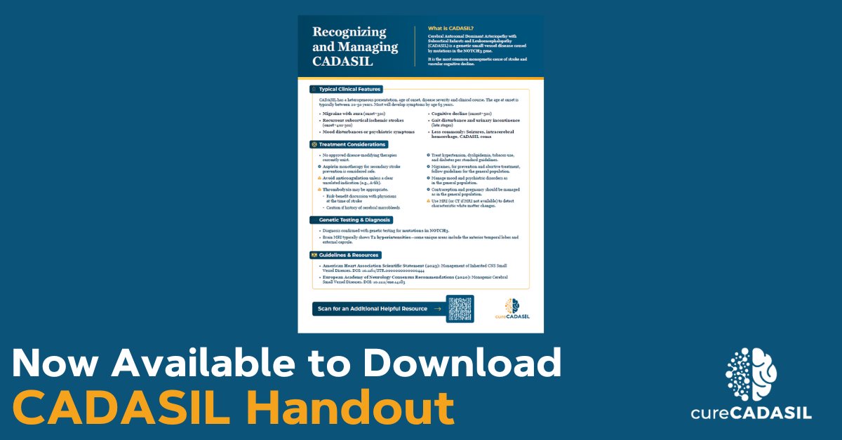 We’re excited to share our new printable CADASIL Handout. This one-page guide highlights key facts and practical details you can keep handy or share with others involved in care.

🔗 Download here: conta.cc/3UxyCeF

#CADASIL #RareDisease #PatientSupport #CaregiverResources