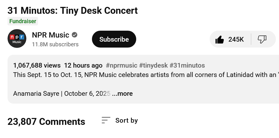 criordor's tweet photo. Esto es impacto, más de 1 millón de vistas en 12 horas @31minutos_tv #TinyDesk31minutos https://t.co/OBFqeLDbWx
