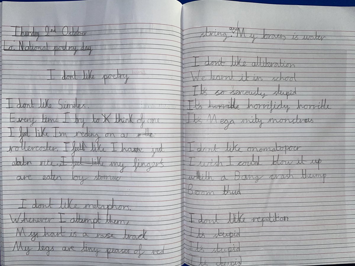 StAndrewsOxon's tweet photo. For this year’s National Poetry Day, Americas class enjoyed writing their own poems inspired by @joshuaseigal ‘s “I don’t like poetry”. The children were so eager to share their creative ideas! https://t.co/DWU9Wm2fYs