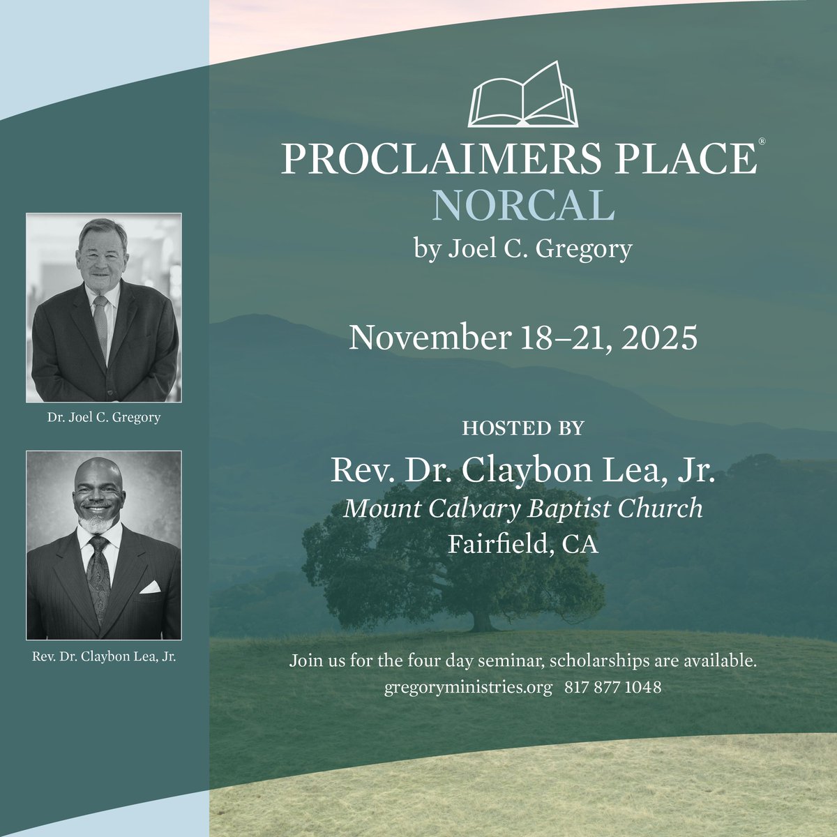 Join Joel and host Rev. Dr. Claybon Lea, Jr. for the four day seminar this November, including biblical passages on the fruit of the vine (John 2:1-11, Isaiah 5:1-7) with an optional visit to nearby Napa Valley. Follow the link for registration:
gregoryministries.org/proclaimers-pl…