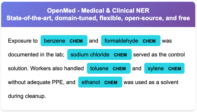 MaziyarPanahi's tweet image. uv pip install openmed

use case: occupational exposure incident report and lab safety review.  

chemical identification speeds toxicology response, antidote selection, and exposure surveillance.