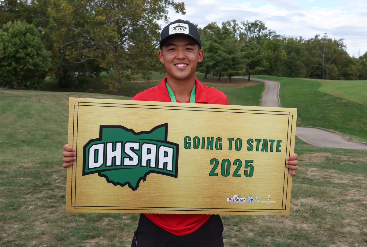 MiamiValleyGolf's tweet photo. Shout out to Aiden Standifer, #Franklin High, for coming in first place and punching a ticket to State.  

Also moving on to State - Toku Fujiwara from #LakotaWest and Mitchell Sargent from #Troy ⛳️

#miamivalleygolf #highschoolgolf #districts #SWOhio #OHSAA #Pipestone https://t.co/q7gJAdLaYb